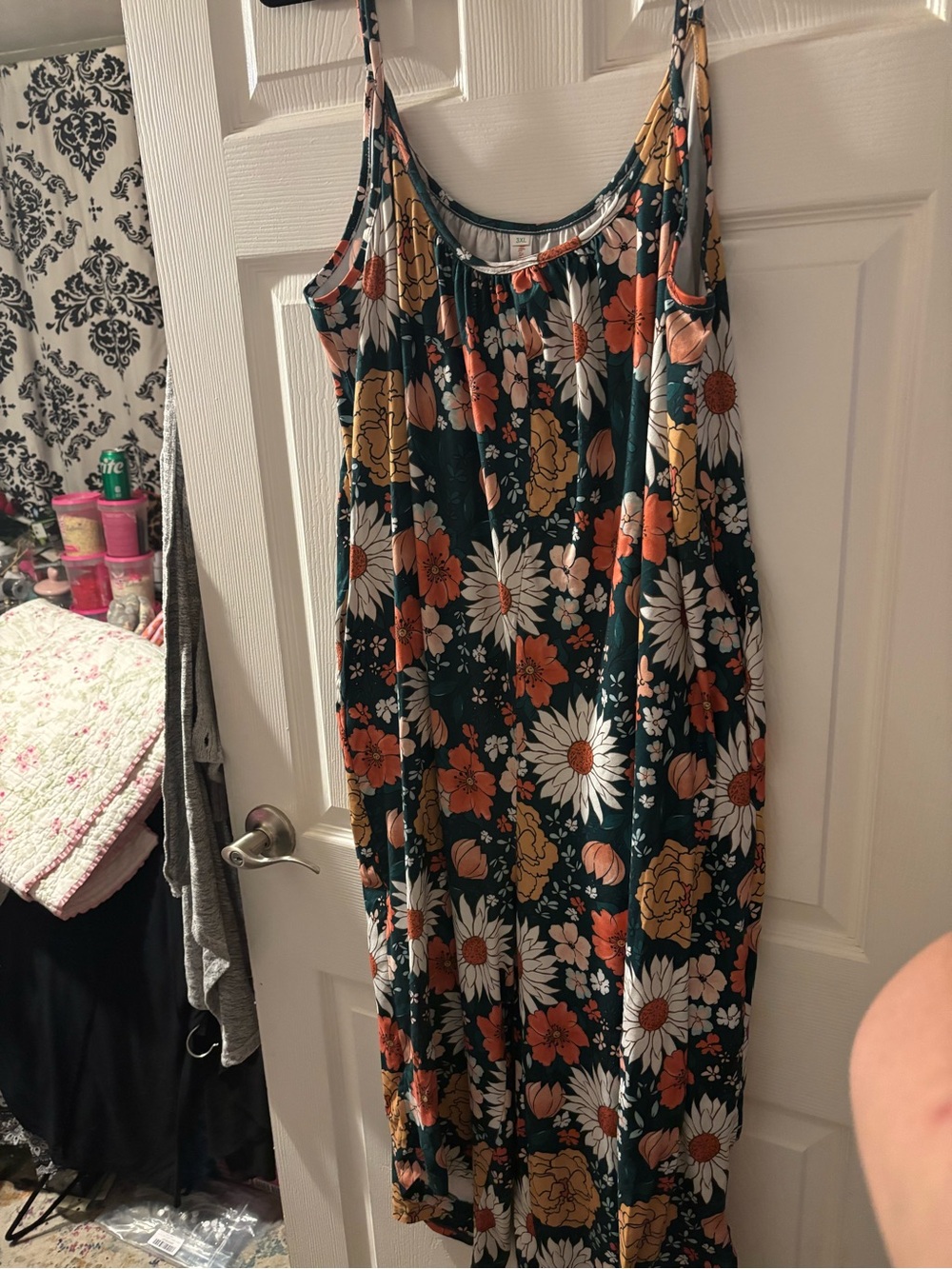 Floral Slip Maxi Dress - Green with White & Orange Blooms